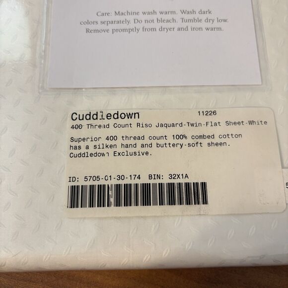 CUDDLEDOWN 400 Thread Count Flat Sheet, Twin, White Riso Jacquard Combed Cotton - Picture 4 of 6
